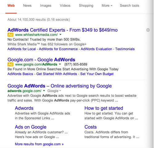 Google search results ads from March 2014