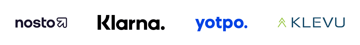 logos of Yotpo, Klarna, Klevu and Nosto