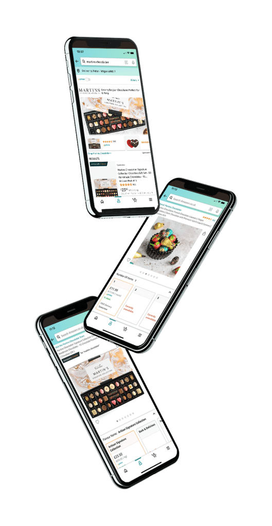 Three mobiles showing Martin's Chocolatier shop on Amazon