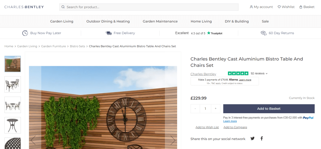 Klarna and Paypal on Charles Bentley product page
